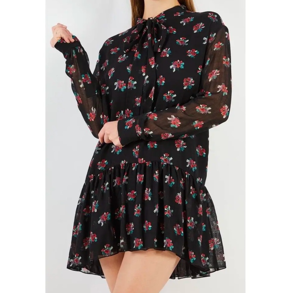 Saint Laurent Lavallière Floral Wool Mini Dress Black NWT Size 38 FR